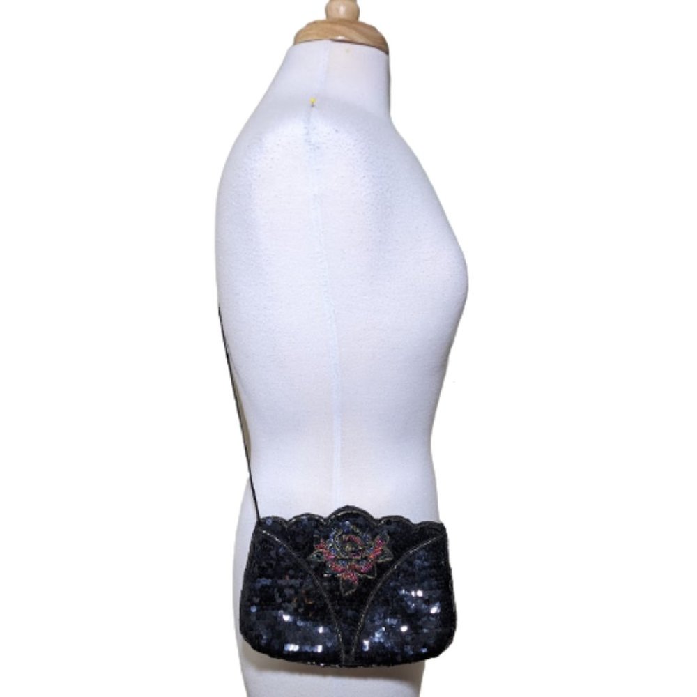 LA REGALE Vint. Black Sequin Evening Bag w/ Floral Design